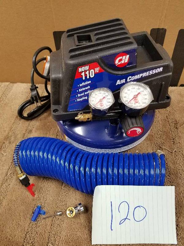 lot 120 image: Campbell Hausfeld 1-Gallon Pancake Air Compressor w Inflation Kit in working conditions
