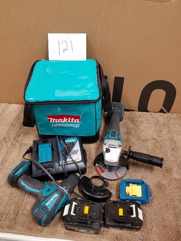 lot 121 image: Set of 2 PC makita Tool Kit  in working conditions 12 Inch Driver-Drill Kit XFD01 and Brushless Makita XAG03 4-12 Angle Grinder