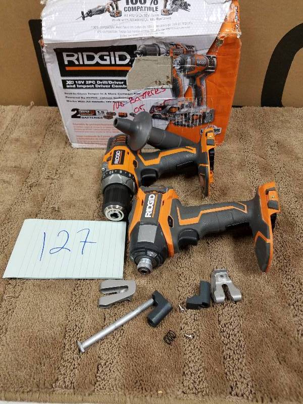 lot 127 image: RIDGID 18-Volt Lithium-Ion Cordless Hammer DrillDriver and Impact Driver Combo tool Only in like new condition tested