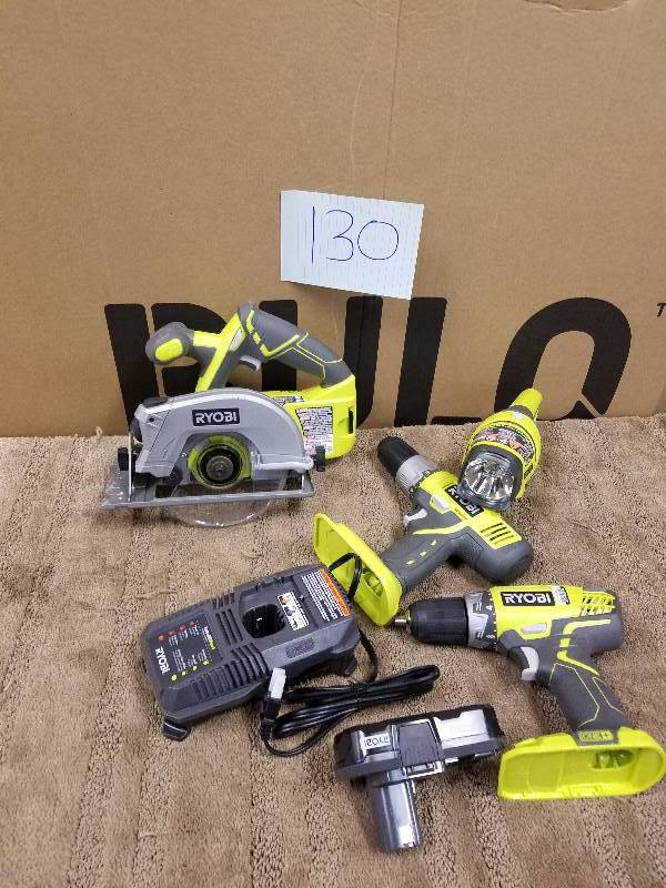 lot 130 image: Ryobi ONE 18-Volt Lithium-Ion Cordless Super Combo 4 pc whit 1 battery and charger in like New working conditions
