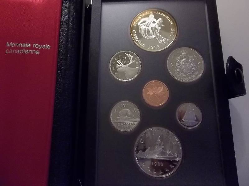 lot 61 image: 1983 Canadian Proof Set Contains 2- Dollars, Half Dollar, Quarters, Dime, Nickel, Cent