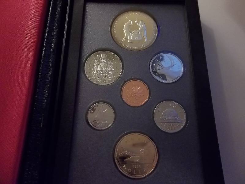 lot 65 image: 1988 Canadian Proof Set Contains 2- Dollars, Half Dollar, Quarters, Dime, Nickel, Cent