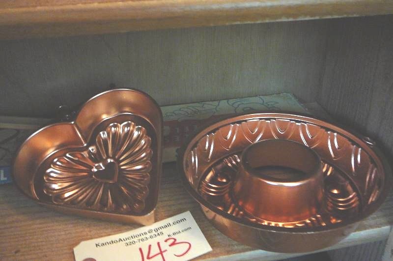 lot 143 image: Baking pans, bread and decorative cake pans, stainless steel skewers, wok spoon