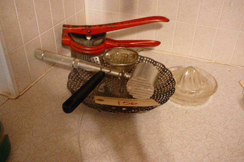 lot 156 image: Meat tenderizer, fluid sifter, potato ricer