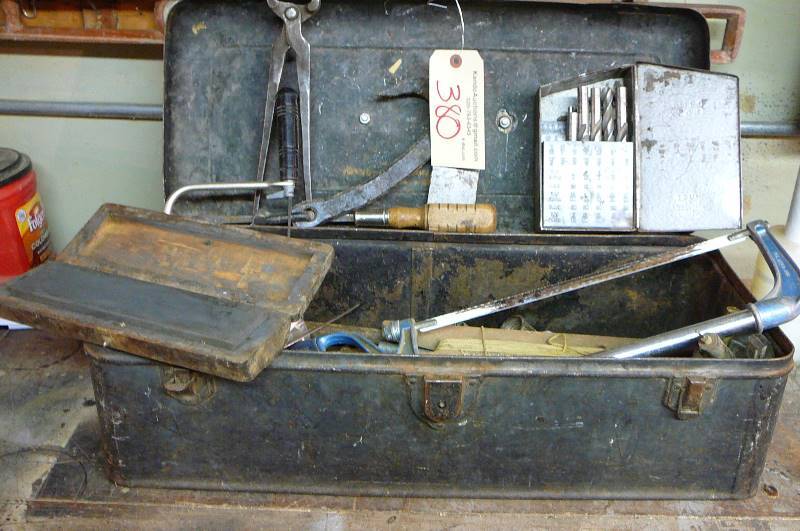 lot 380 image: Vintage tool box with misc. tools