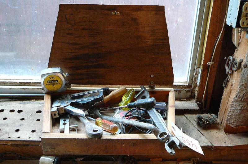 lot 455 image: Wooden Box With Misc. Tools