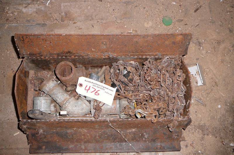 lot 476 image: vintage tool box with misc. pipe fitting chains