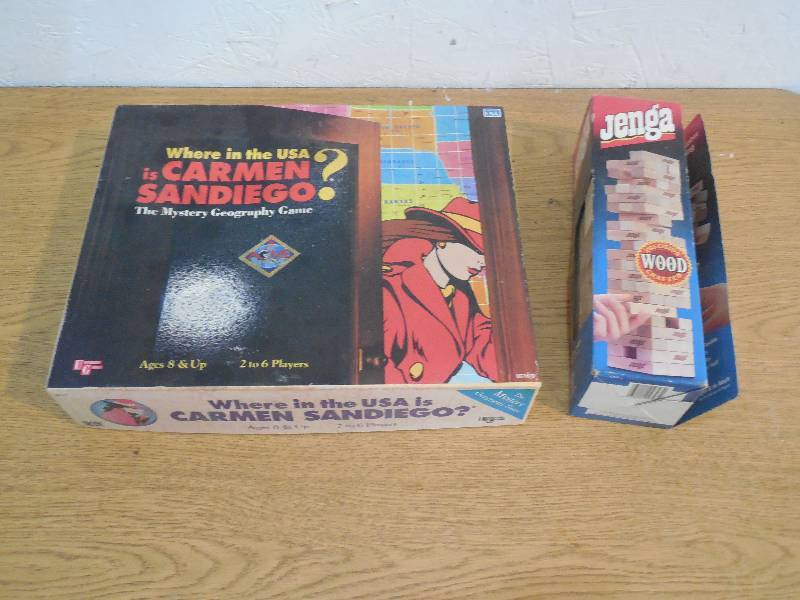 lot 39 image: Jenga game and Where in the World Is Carmen San Diego game