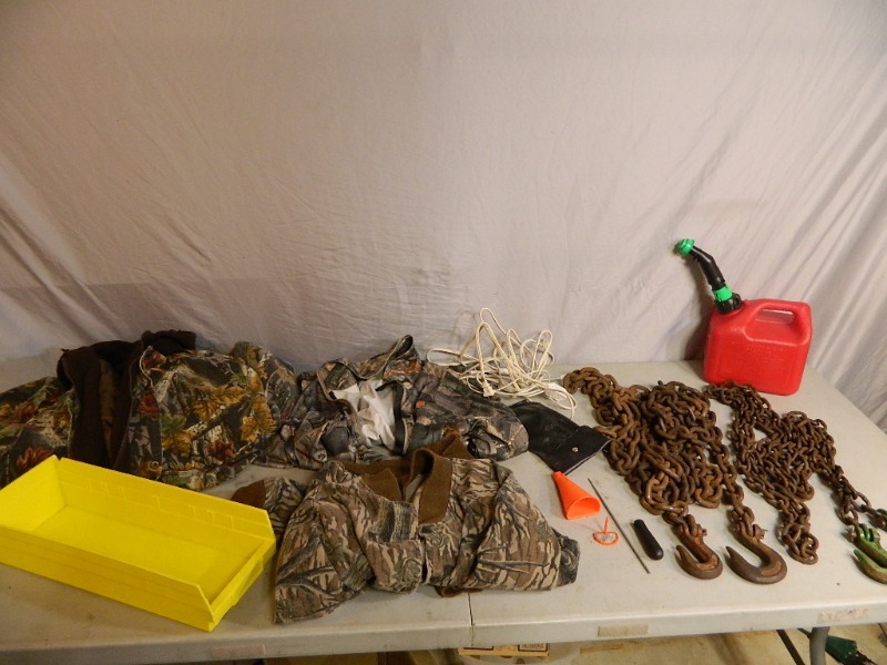 Hunting Clothes, Chains, Gas Can, Etc