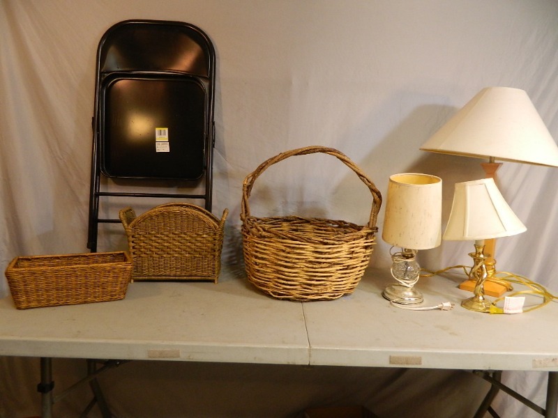 Wicker Baskets, Folding Chair, and Lamps