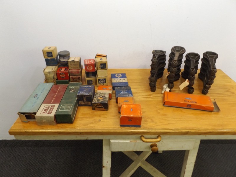 lot 15 image: Large Lot of Vintage New Old Stock Ford Connecting Rods, Rod Bearings, Piston Pins, etc.