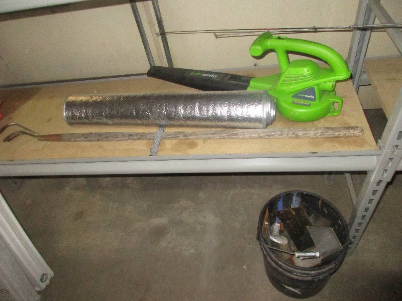 bucket of tools - car sun shade - electric leaf blower