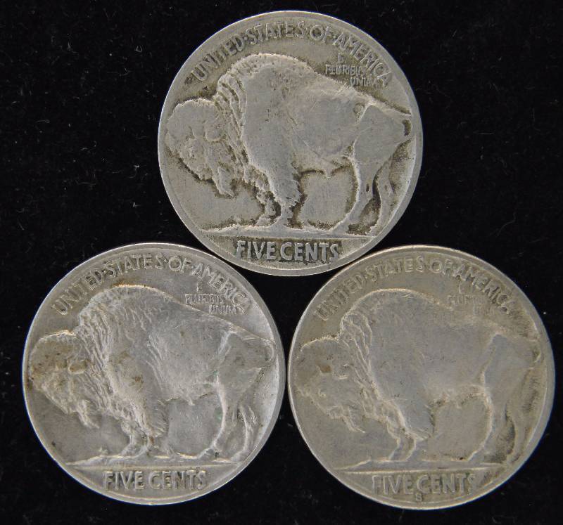 (3) BUFFALO NICKELS 1927 (F), 1937 (XF) & 1937-S (VF)