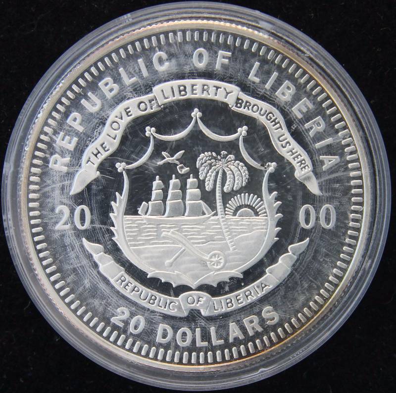 2000 $20 REPUBLIC OF LIBERIA RICHARD NIXON (20G-23 OZ) .999 FINE SILVER IN AIRTITE