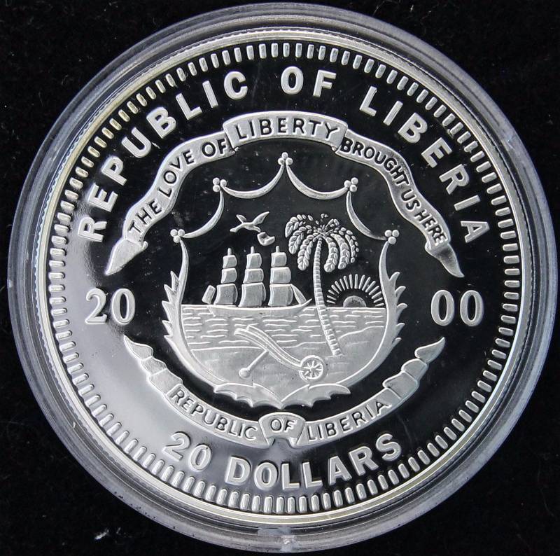 2000 $20 LIBERIA HISTORY OF AMERICA .999 FINE SILVER (20G-23 OZ) IN AIRTITE