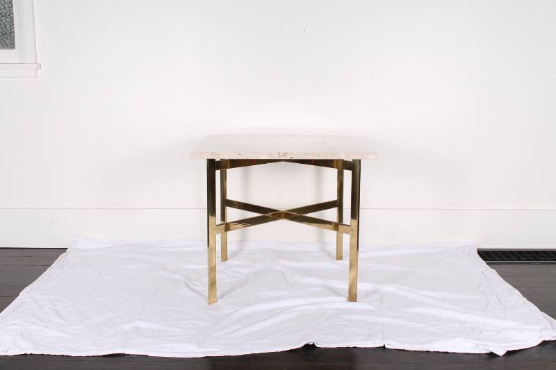 lot 4 image: Gold Brass Table w Travertine Top...