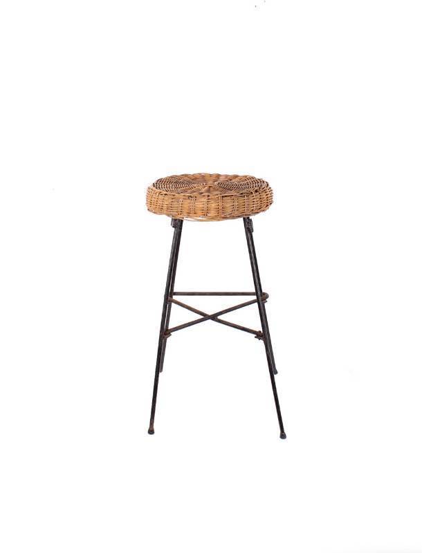 lot 7 image: Vintage Black Stool with Wicker Top...
