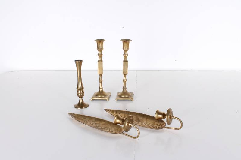lot 51 image: Vintage Brass Candlesticks- Leaves,...