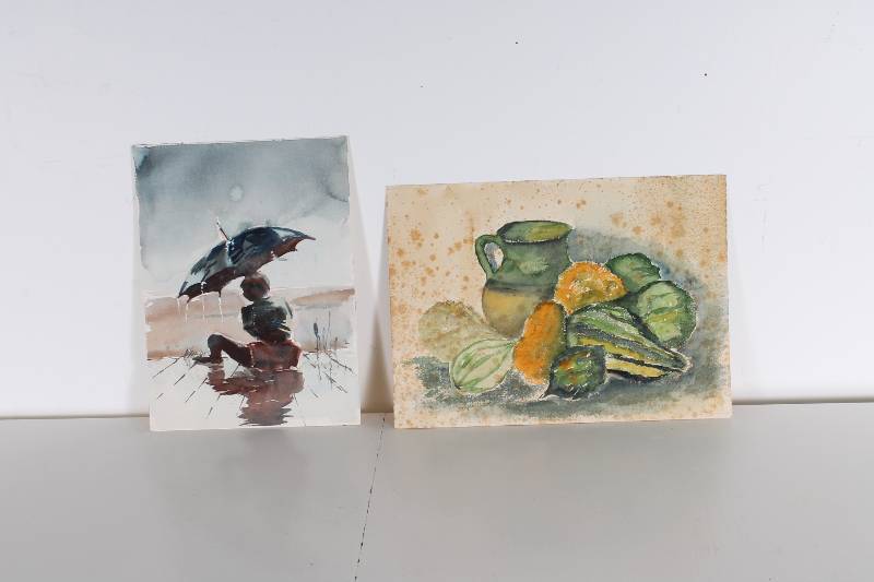 lot 65 image: Original Water Colors- Boy w Umbre...