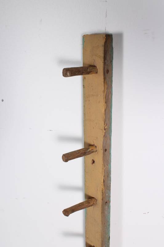 lot 73 image: Vintage Yellow Wood Coat Rack w Ha...