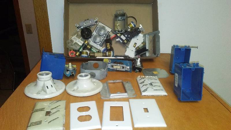 lot 9 image: Misc. lot of Gang boxes, faces plates, porcelain fixtures and more