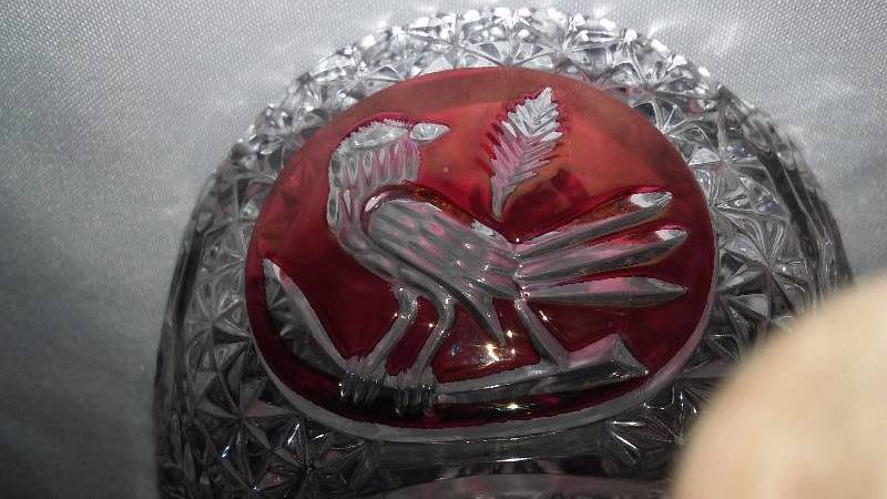 lot 35 image: Vintage Hofbauer cut crystal ruby red candy dish