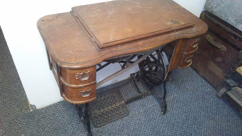 lot 150 image: Vintage Sewing Machine with cabinet, complete with original attachments, by White Rotary