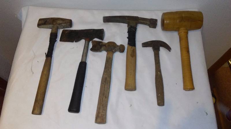 lot 171 image: Oak Wood Mallet and assorted hatchets and hammers