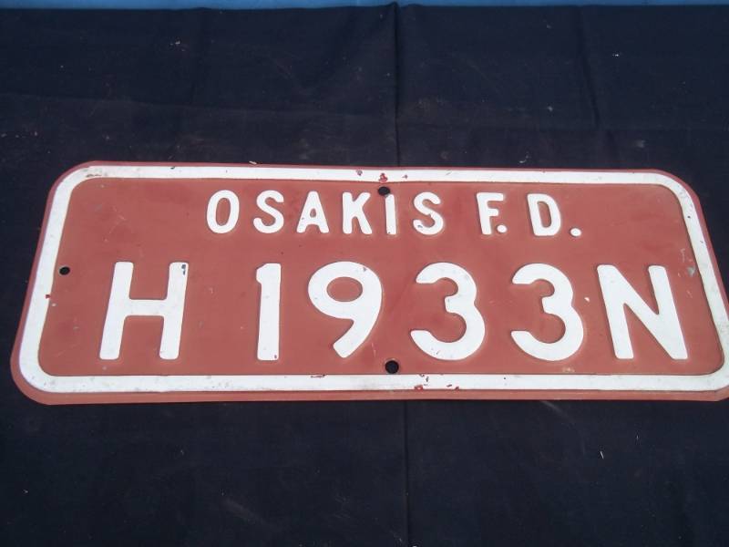 lot 89 image: Vintage Embossed Osakis Fire No. Sign