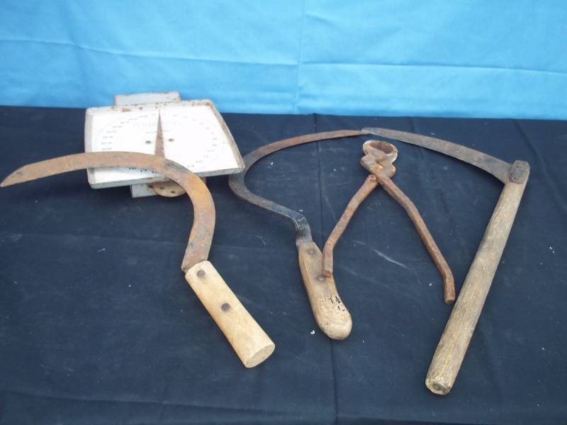 lot 97 image: Vintage Farm Tools and scale
