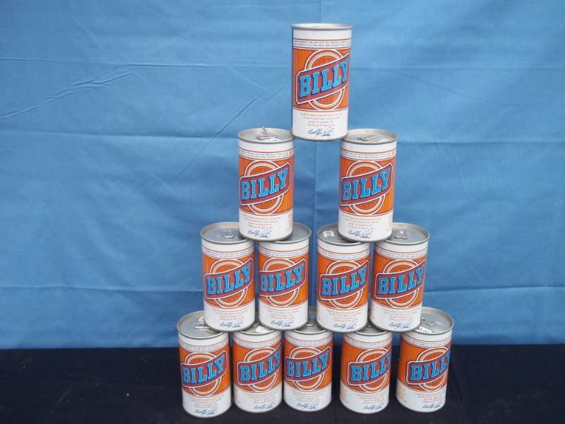 lot 129 image: 12 Pack of Billy Beer Cans - opened from bottom