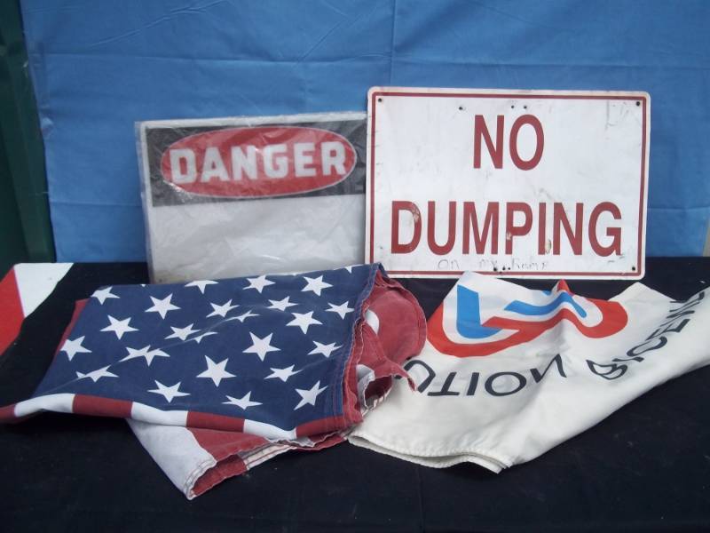 lot 140 image: 2 signs No Dumping and Danger and American Flag