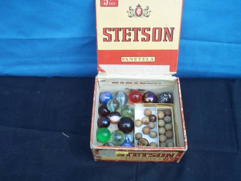 lot 144 image: Vintage  Marbles in cigar box