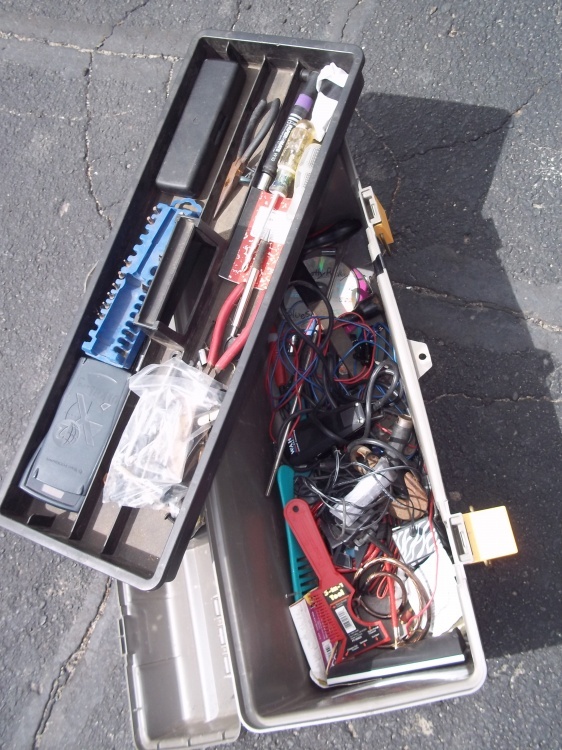 lot 155 image: Tool box with misc tools, 2 hard hats, Fire Extinguisher
