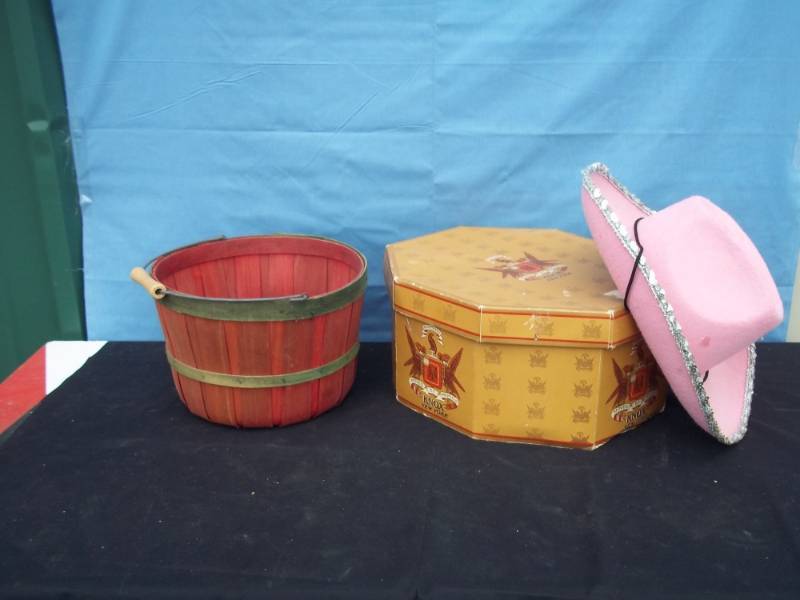 lot 173 image: Vintage Hat Box with pink cowboy hat and red wood basket