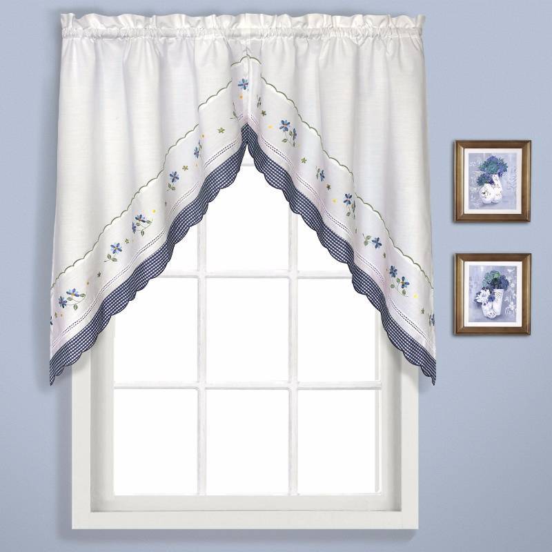 Lot of 3 Curtains - GINGHAM 60 X 38 PAIR OF KITCHEN Swag Pair - Blue & MONTE CARLO 59 X 18 SCALLOPE Taupe & Alcove Mona Lisa 56x15 Valance White