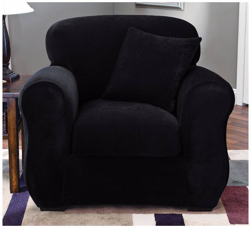 Lot of 3 Chair  Couch Covers - Stretch Pique 2-pc Chair Cover Black & Stretch Pique Sofa Cover Black & Stretch Stripe 2pc Chair Slip Cover Sand