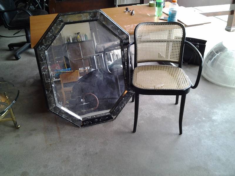 lot 40 image: Wood Frame Woven Arm Chair, Decorative Octagonal Mirror 30x38