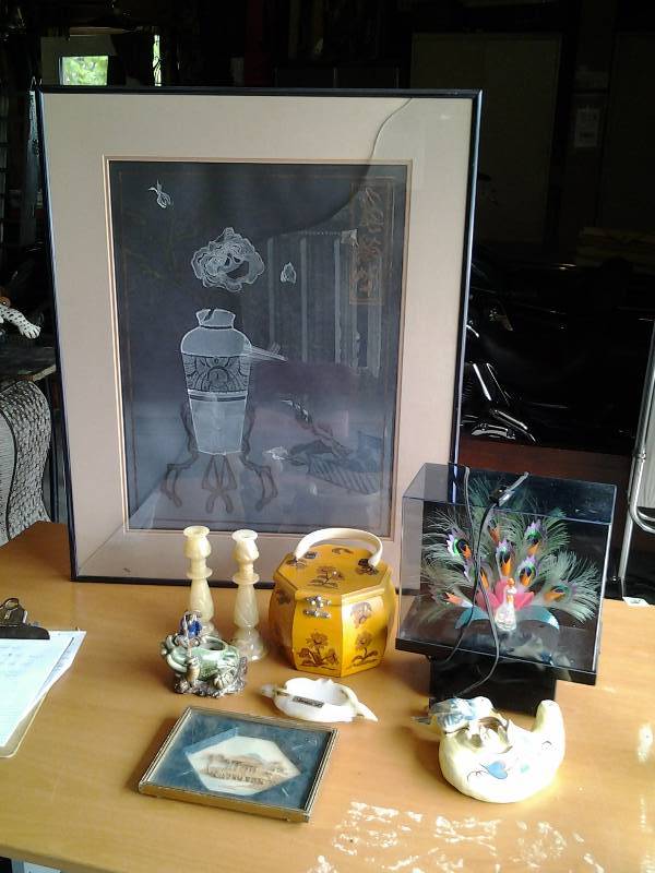 lot 45 image: 26x32 Print By Chambellain (No Glass), Fiber Optic Bird Light, Asian Figurines, Marble Candle Sticks, Ash Tray