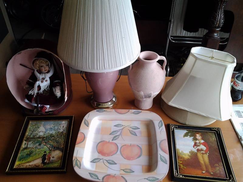 lot 46 image: Pink Lamp & Other Shades, Porcelain Doll With Case, 2-Pictures, Large Pottery Vase & Ceramic Tray