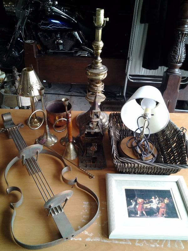 lot 51 image: Lot Of Brass Decor-Lamps, Candle Sticks, Music Box Church, 28 Inch Metal Guitar Candle Holder, Misc