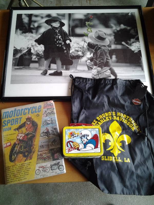 lot 54 image: Vintage Motorcycle Sport Book, Harley Back Sack, Speed Racer Mini Lunchbox, Picture 25x19