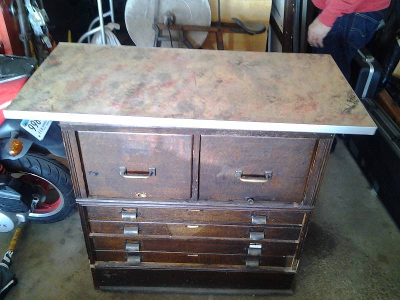 lot 84 image: Vintage Wood Cabinet With Counter Top (Unfinished Back) 20x33 12x34 Tall