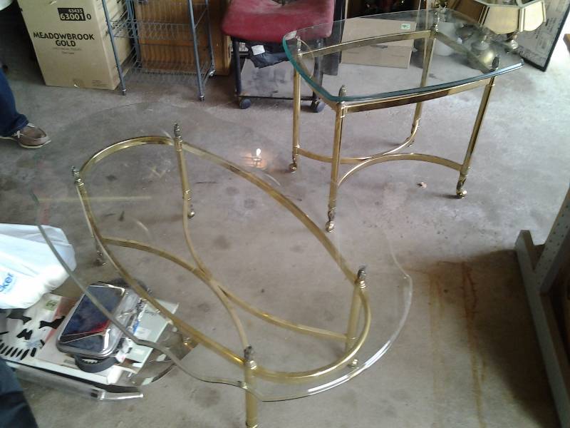 lot 92 image: 2-BrassGlass Top Tables 47x27x16, 27x20x22