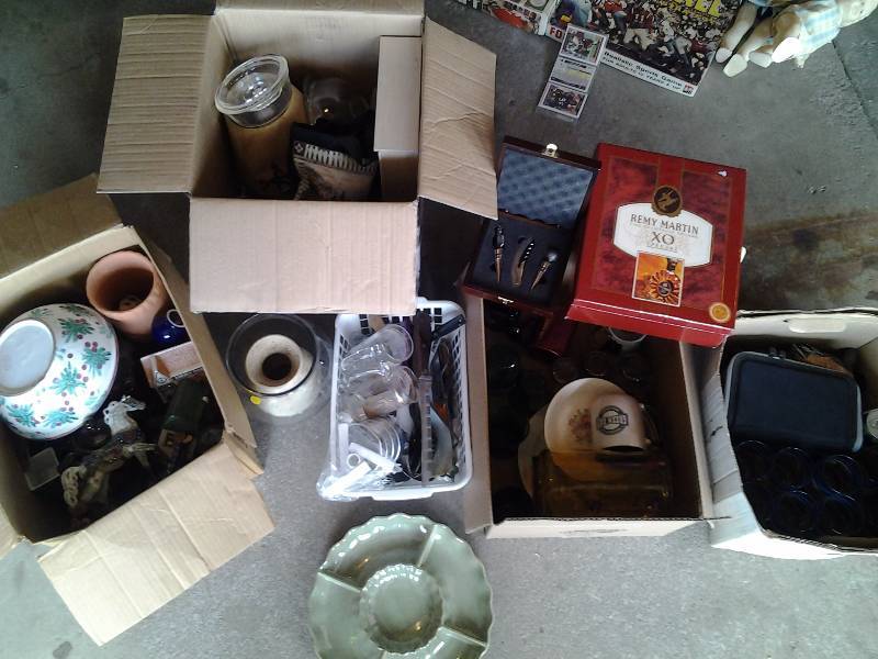 lot 100 image: 5 Boxes Of Dishes Knick Knacks, Glasses, Kitchen Related, Copper Mugs