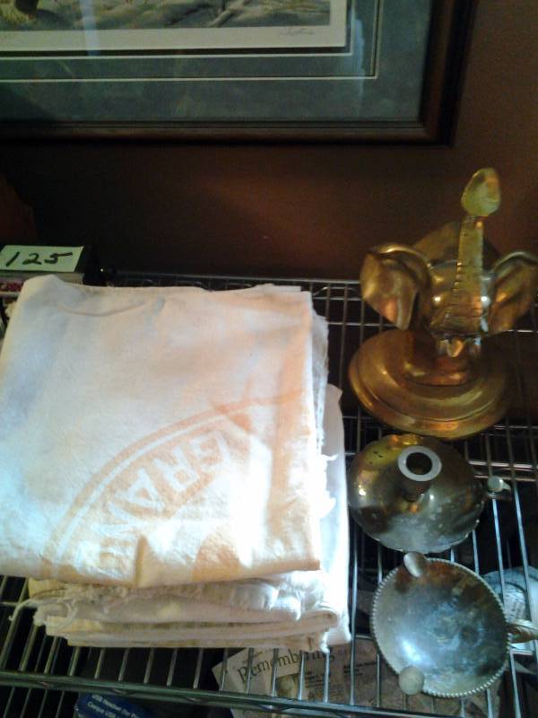 lot 126 image: Flour Sack Towels, 3-Brass Pieces Elephant, Ash Tray, Candle Stick