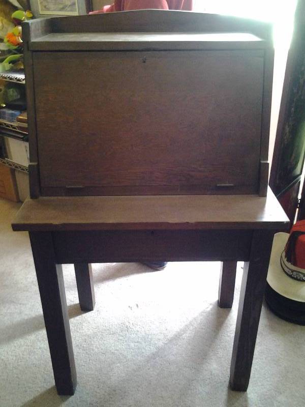 lot 137 image: Vintage Drop Front SecretaryWriting Desk With Drawer & Key 30x21x48, Pigeon Hole Interior