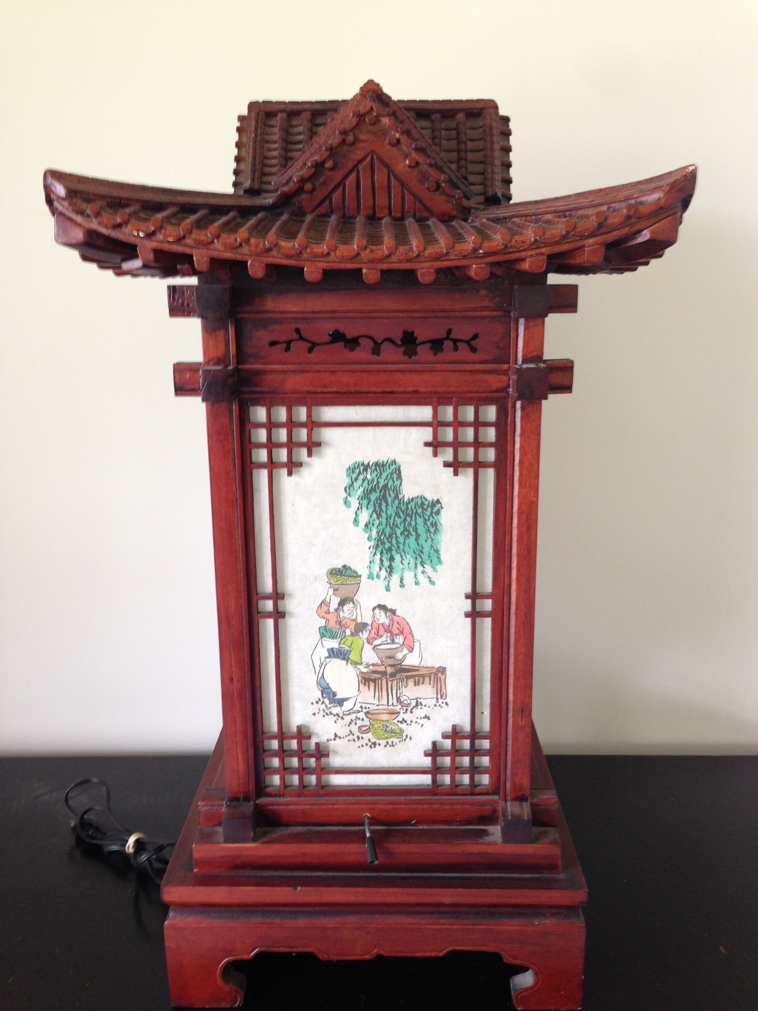 lot 83 image: Carved Asian Pagoda Lamp with Painted Screens