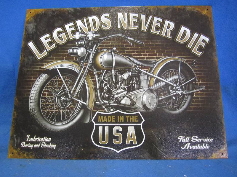 lot 97 image: Metal sign. Legends never die. 12.5...