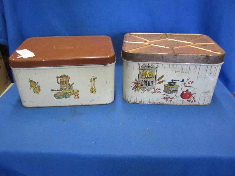 lot 134 image: 2 vintage metal bread boxes. Hinges...